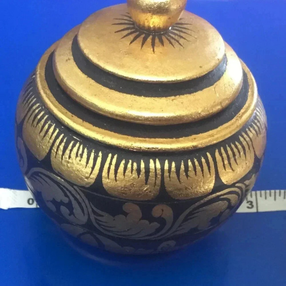 Hand-Painted Wooden Decorative Box with  Gold and Black Design Vintage - Picture 2 of 6